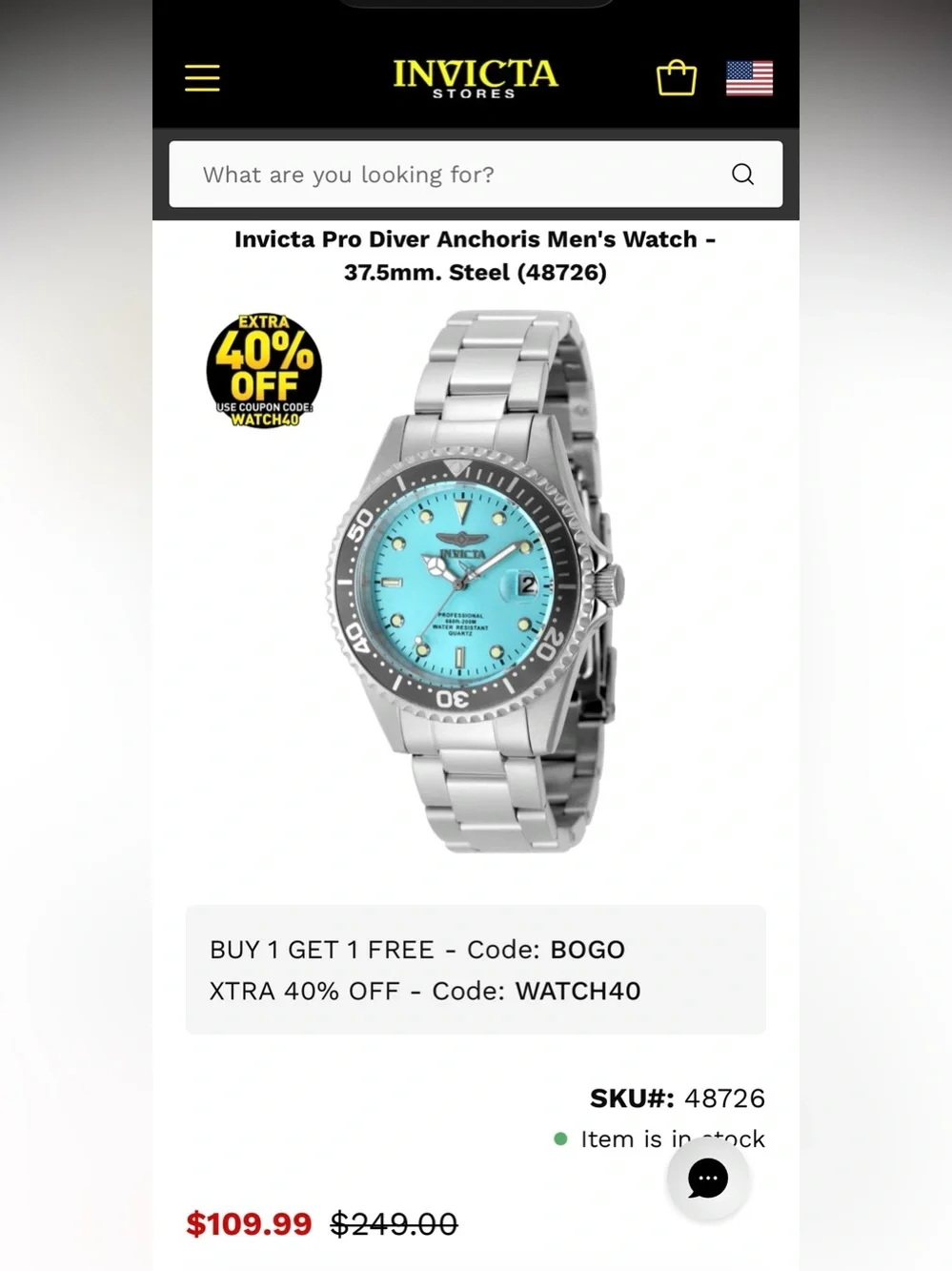 *NEW* Invicta 48726 Pro Diver Men's 37.5mm TIFFANY Blue Quartz Watch